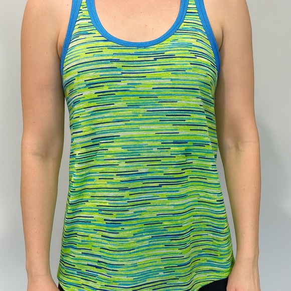 Under Armour Athletic Tank Top Racerback Neon Green Blue Striped - Picture 1 of 4